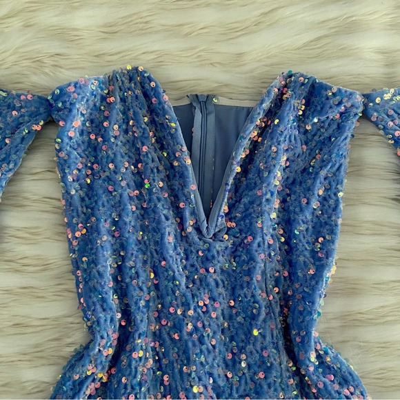 Lucy in the Sky Blue Sequins Velvet Off Shoulder Long Sleeve Bodycon Mini Dress - Picture 6 of 16